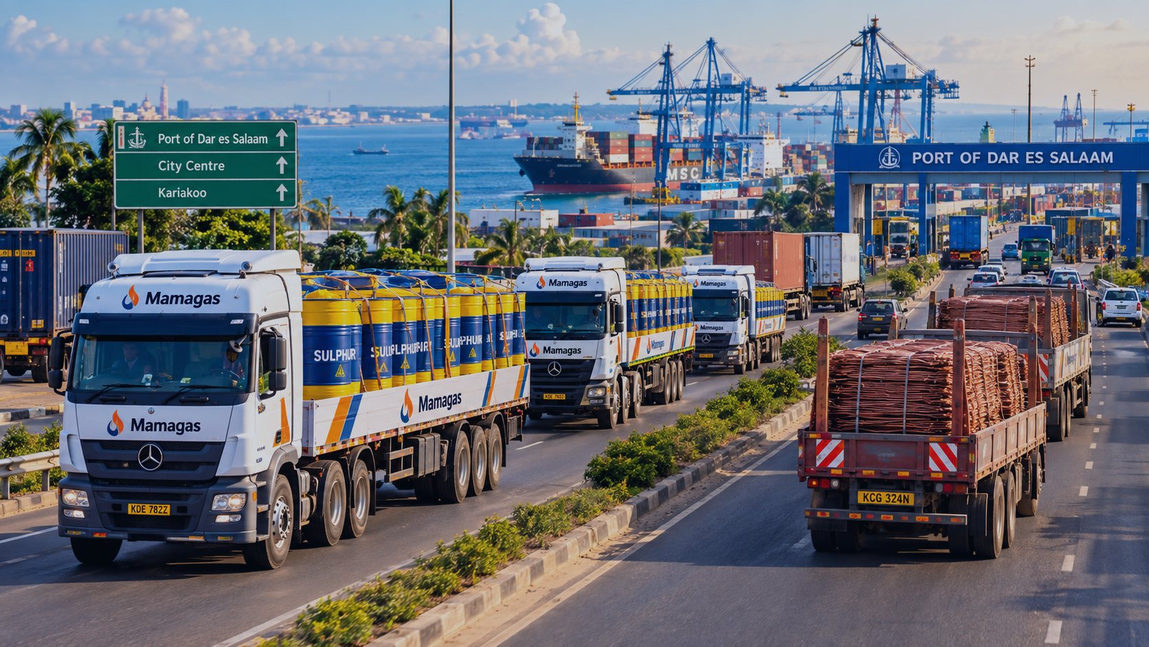 Mamagas trucks carrying sulphur and copper cathodes on the road to the port