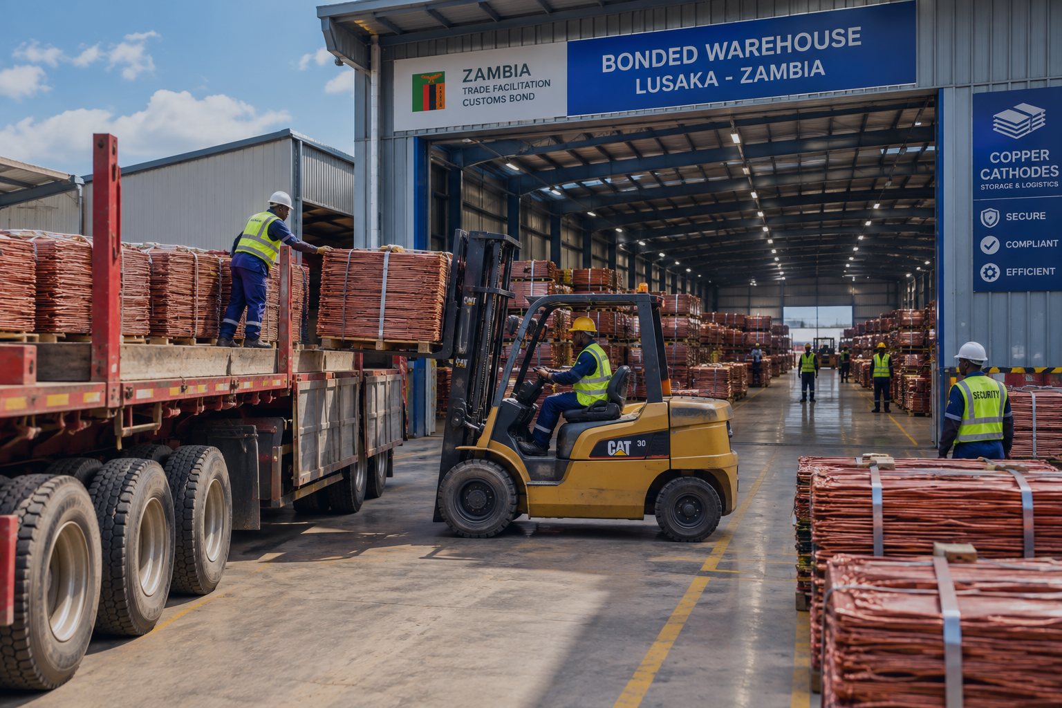 Forklift loading strapped copper cathode bundles onto a truck at a bonded warehouse