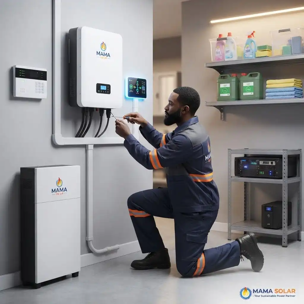 Mamagas SunLink technician wiring a smart meter and inverter